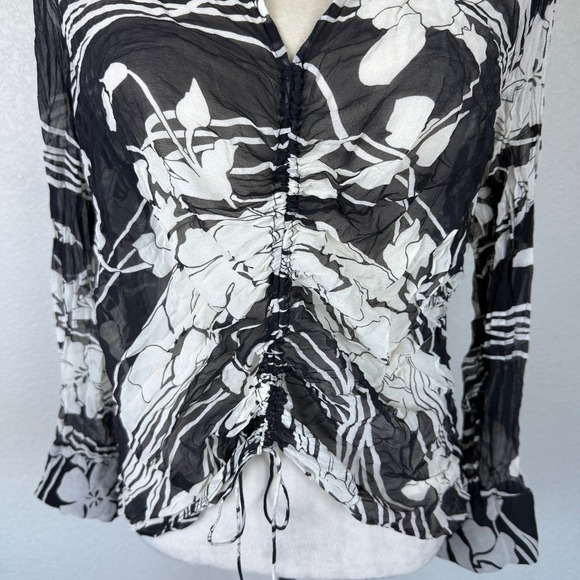 Lane Bryant Black Floral‎ Print 100% Silk Cinched Blouse Top Women Bell Sleeve - Picture 5 of 7